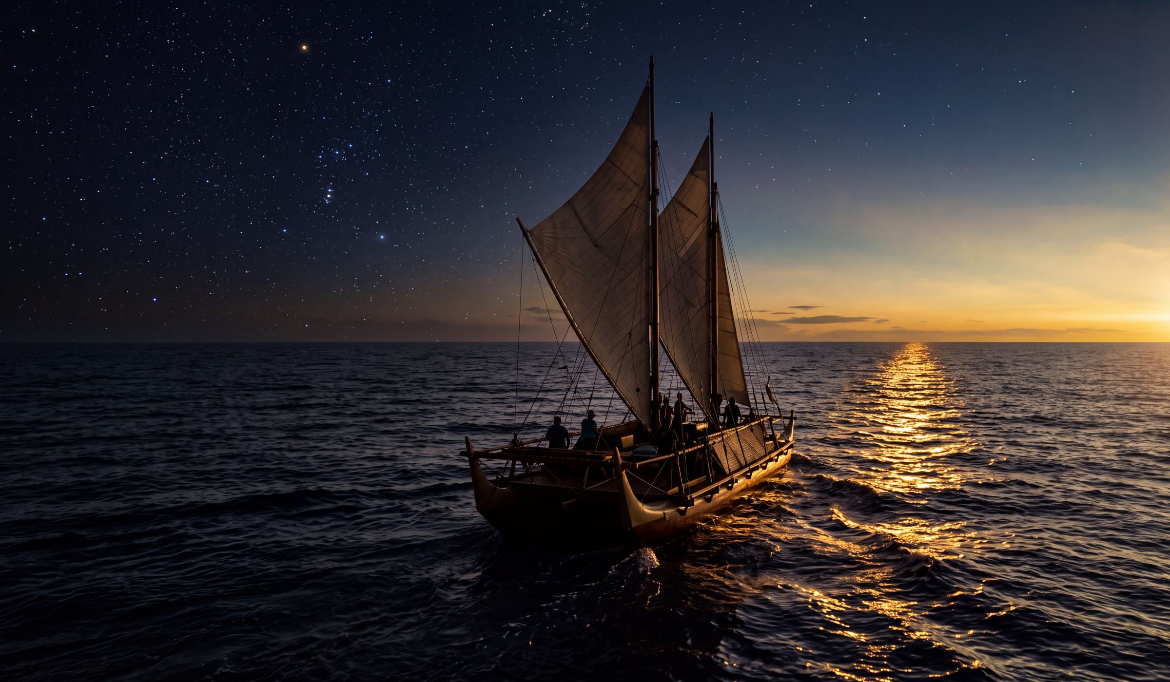 A double-hulled voyaging canoe under sail at first light, its crew silhouetted between a starred sky and the sun rising over the open Pacific.