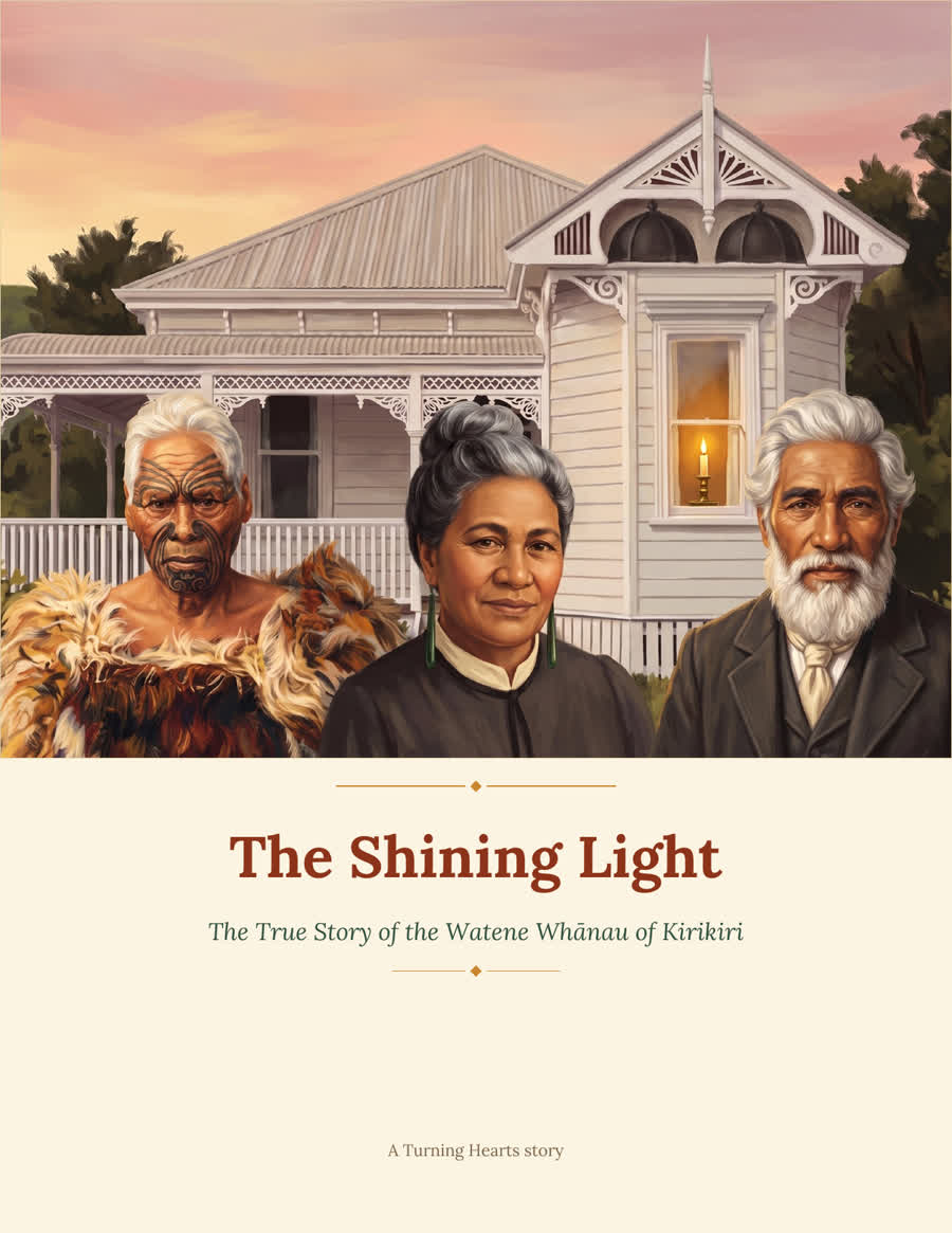 Cover of The Shining Light: Matene, Kataraina and Mita Watene standing in front of the house.